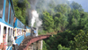 train sri lankais sur des rails hauts perchés à travers végétation luxuriante